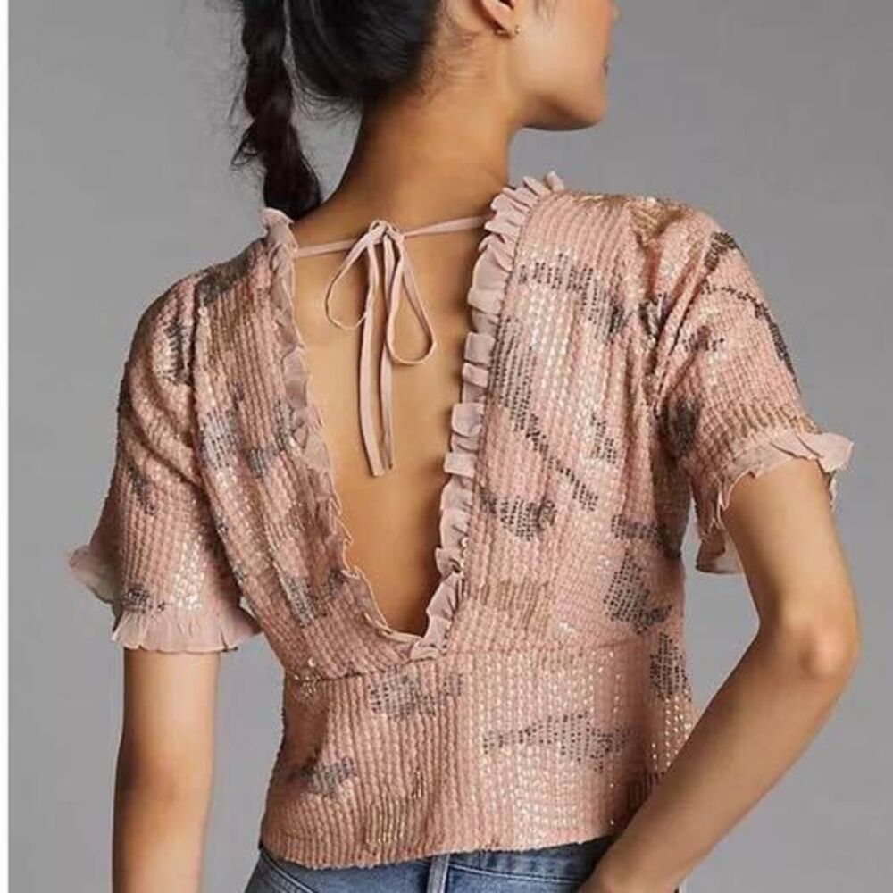 NWT Anthropologie Pink Sequin Ruffle Cropped Top. Sz 1X - Picture 2 of 10